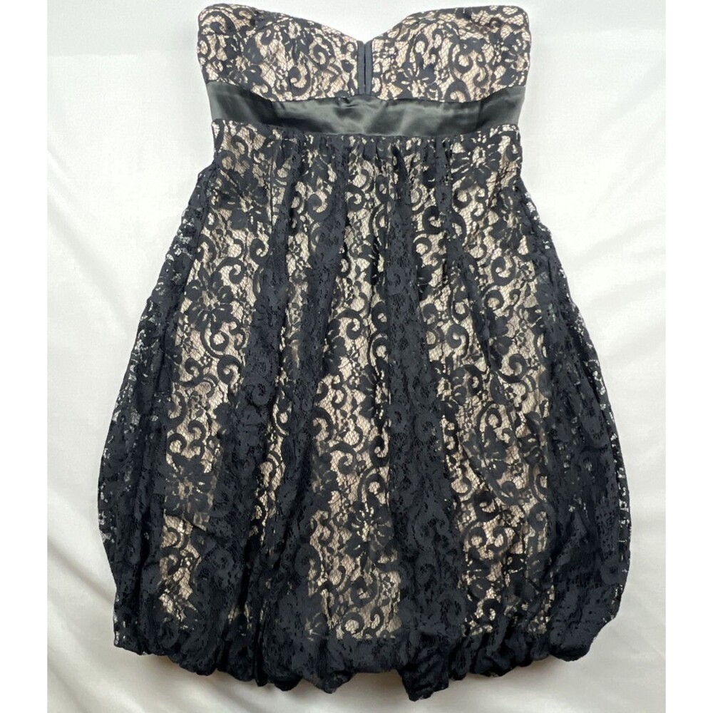 Cache Strapless Cocktail Dress Black Lace Overlay Bubble Hem